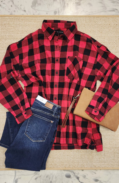 Plaid It Oversized Shirt in Red Black Out Friday