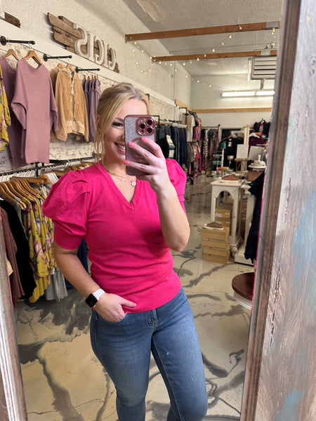 V Neck Batton Bubble Top in Fuchsia