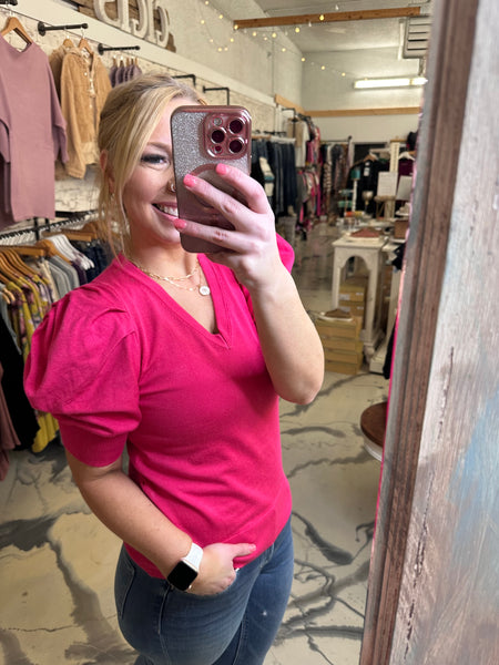 V Neck Batton Bubble Top in Fuchsia