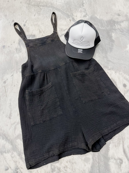 Double Gauze Overall Romper In Black