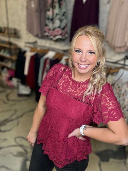 Peplum Lace Top in Burgundy