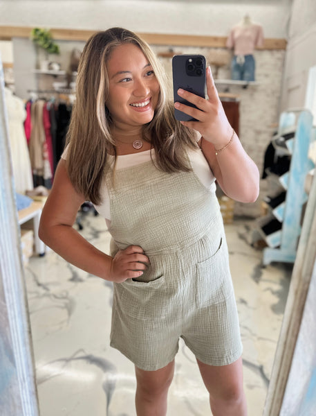 Double Gauze Overall Romper In Sage