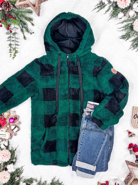 Green Plaid Sherpa FullZip Hoodie