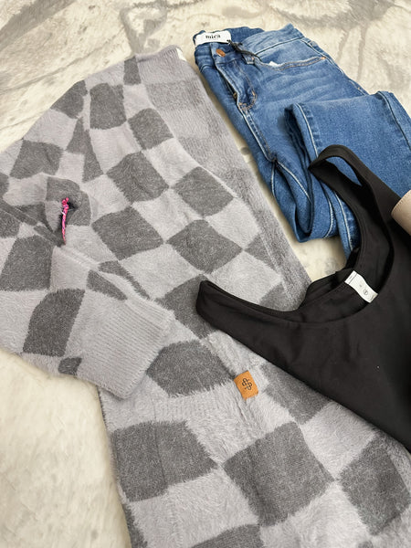 Fuzzy Checkered Cardi in Grey