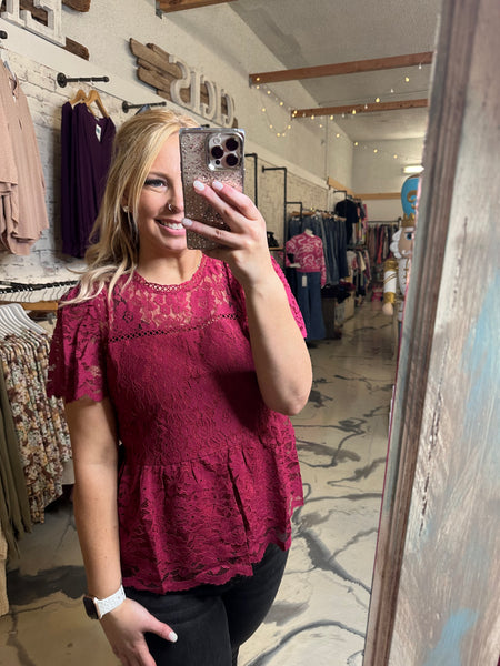 Peplum Lace Top in Burgundy