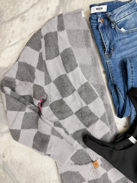 Fuzzy Checkered Cardi in Grey