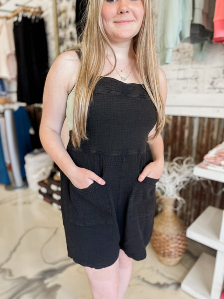 Double Gauze Overall Romper In Black