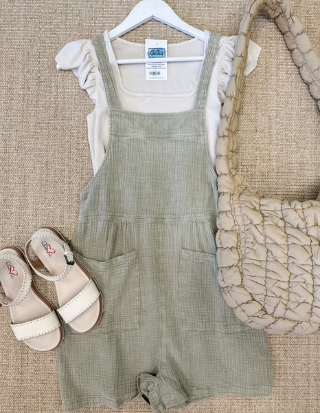 Double Gauze Overall Romper In Sage