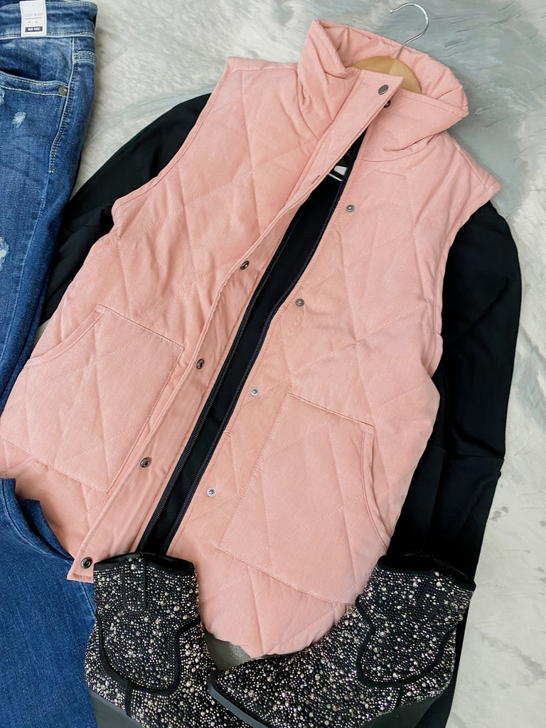 Blush Pink Puffer Vest  Pink vest outfit, Blush pink vest, Vest outfits