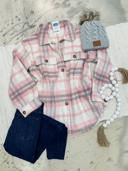 Plaid Shacket in Pink & Gray