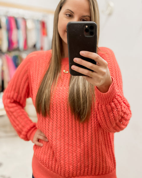 Loose Fit Long Sleeve Knit Sweater in Coral