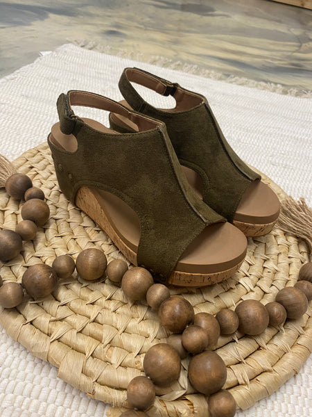 Carly Wedge in Khaki Faux Suede