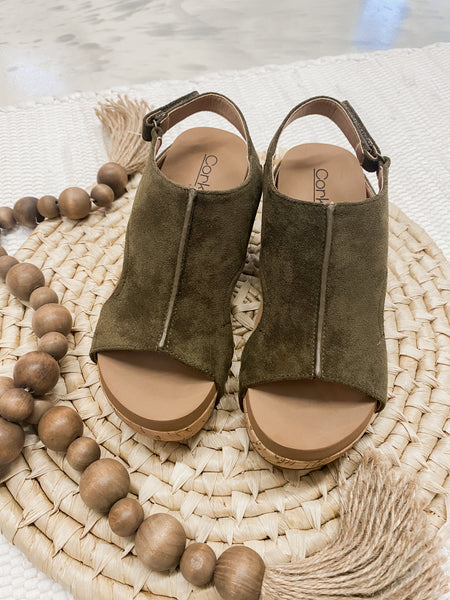 Carly Wedge in Khaki Faux Suede