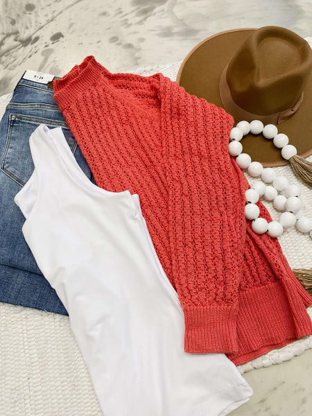 Loose Fit Long Sleeve Knit Sweater in Coral