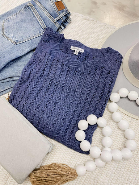 Loose Fit Long Sleeve Knit Sweater in Denim