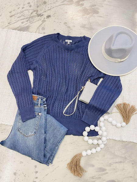 Loose Fit Long Sleeve Knit Sweater in Denim