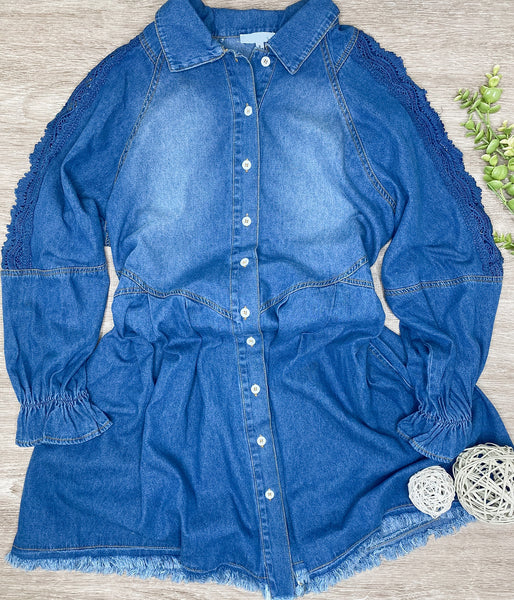 Chambray Fray Button-Up Dress